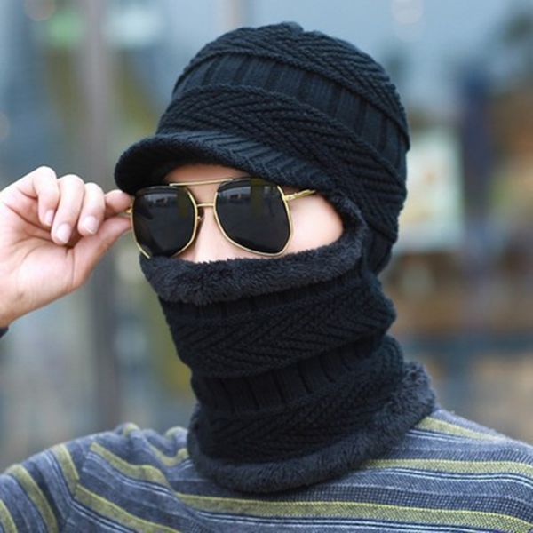 

men's autumn winter windproof pullover hat wool warmth thickening youth outdoor cycling earmuffs scarf one-piece headgear padded, Black;white