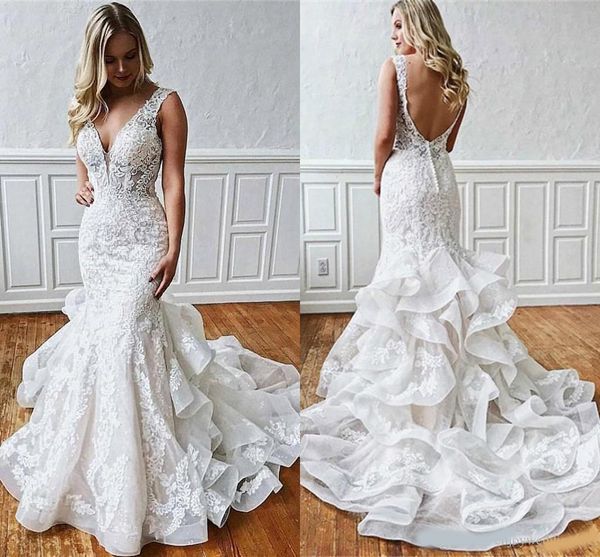 

vintage elegant full lace mermaid wedding dresses deep v neck backless tiered skirts long sweep train wedding bridal gowns, White