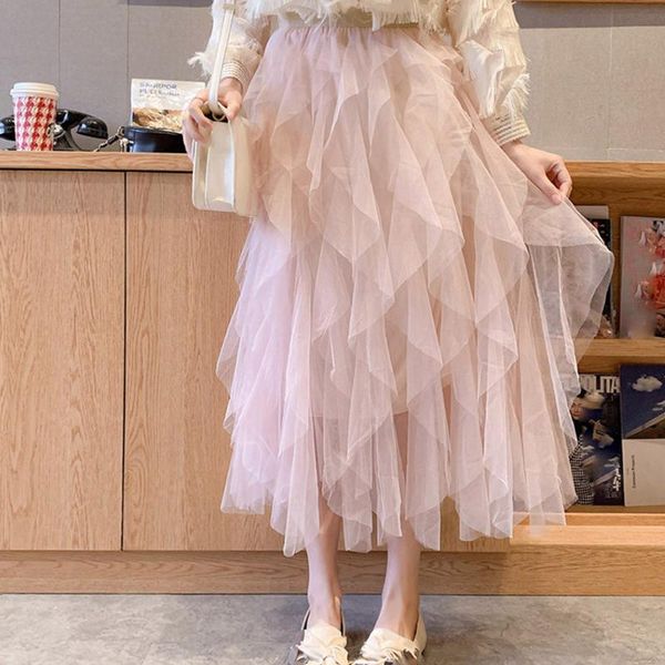 

fashion women tutu skirt wavy fluffy fairy tulle skirts irregular wild kawaii skirt harajuku solid loose skirts jupe tulle femme, Black