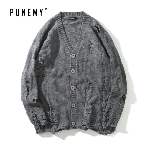 

retro harajuku men cardigan sweaters v-neck frayed cotton oversize hip hop streetwear autumn new breasted man's cardigan sweater, White;black