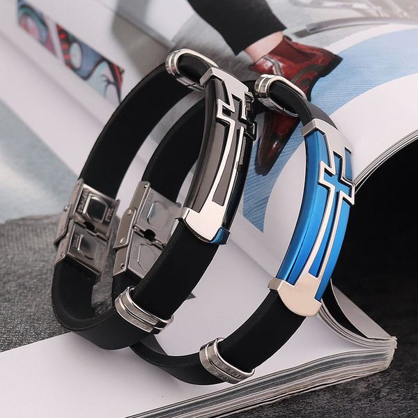 

fashion titanium steel bracelet black & blue silica silver cross pattern trendy jewelry men friends lovers personality gift 1 pc, Golden;silver