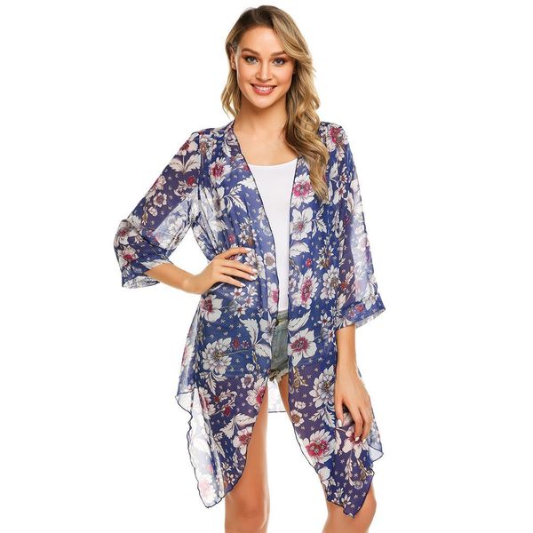 

women v-neck 3/4 sleeve front open asymmetrical hem loose cardigan, Blue;gray