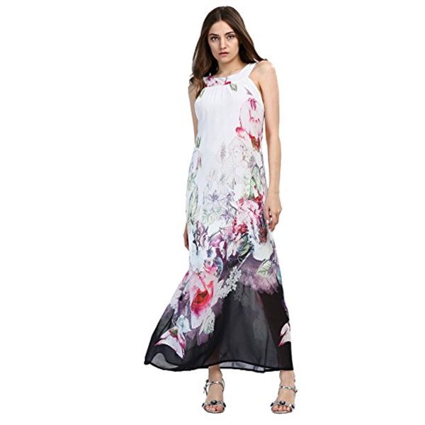 

aomei women summer boho floral print sleeveless chiffon maxi long dress, Black;gray