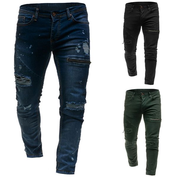 

mens designer casual hole jeans slim fit solid color washed fashion jeans homme pencil pants, Blue