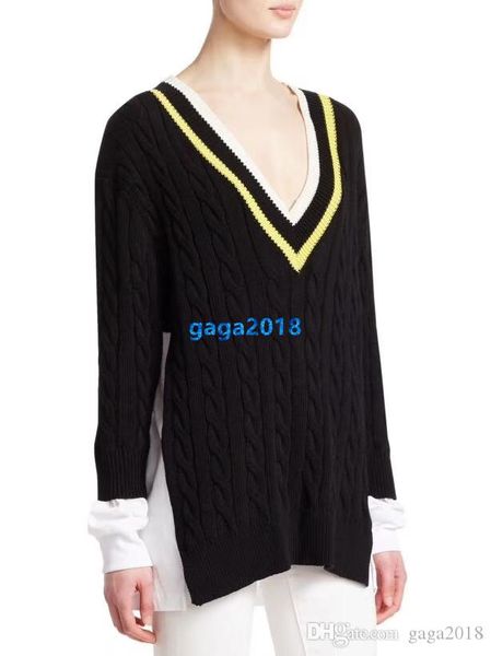 

high end женщины девушки вязать свитер полосатый узор пэчворк кофты v-образным вырезом с длинным рукавом блузка рубашка трикотаж мода дизайн, White;black