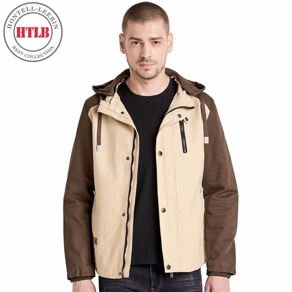 

htlb 2018 новый весенняя мода лоскутная куртка мужская ветровка 100% хлопок промытый куртка с капюшоном пальто мужчин большой размер, Black;brown