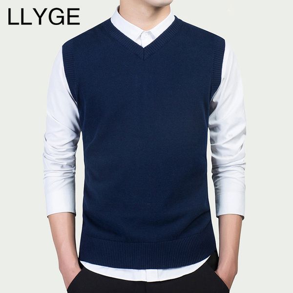 

llyge men v neck solid color vest sweaters 2018 autumn slim sleeveless knitted pullover men casual cotton sweater vest plus size, White;black