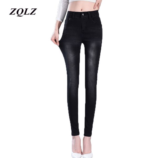 

zqlz fashion elastic skinny denim pencil pants women casual high waist jeans woman 2018 washed ruched ultra stretchy trousers, Blue
