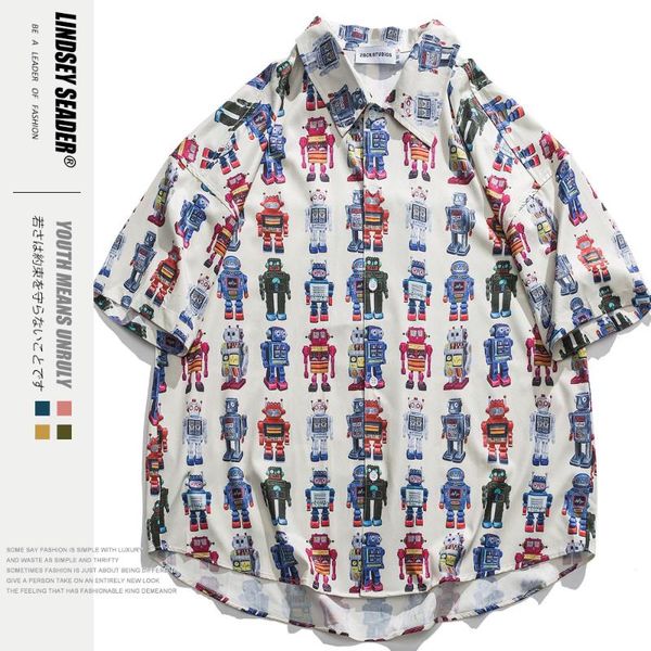 

lindsey seader 2020 hip hop shirt streetwear robots print mens hawaiian shirt loose harajuku summer beach short sleeve, White;black
