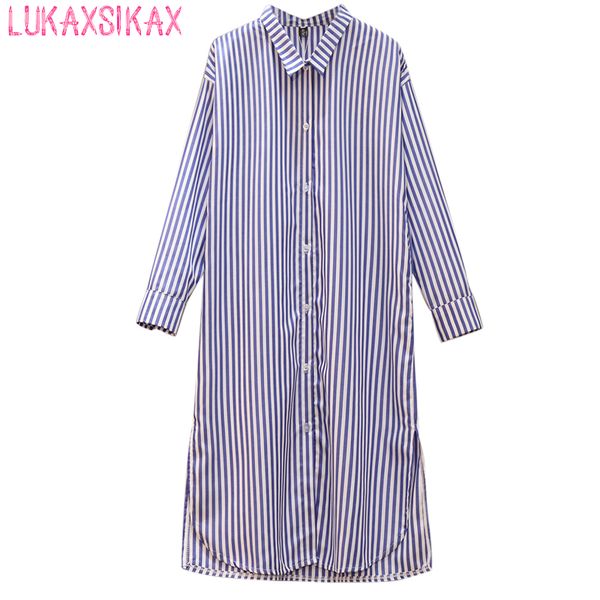 

plus size women clothing 2020 new korean fashion blue white vertical stripes long sleeve shirt dress loose casual dress, Black;gray
