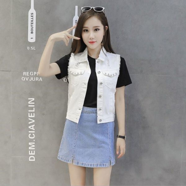 

plus size 5xl women spring denim vest white blue ladies sleeveless jacket jeans vest woman vintage hole ripped female waistcoat, Black;white