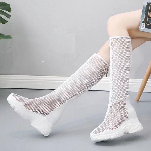 

summer new fashion women breathable hollow mesh knee-high long gladiator boots ladies cut out thick sole zipper shoes 200424, Black