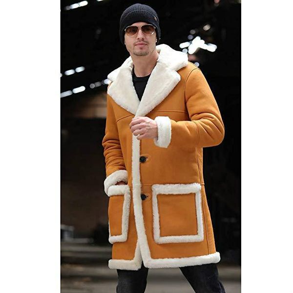

winter fleece wool coats for men cotton jackets plush warm lapel medium length coat velvet fashion trenchs, Tan;black