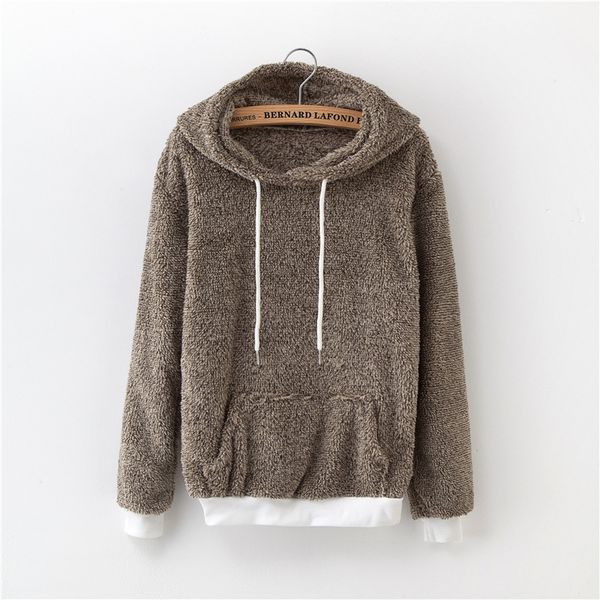 

winter flannel style solid color pocket hooded fir designer hoodie fleece warm sweater casual comfort home clothing women's jacket, Black