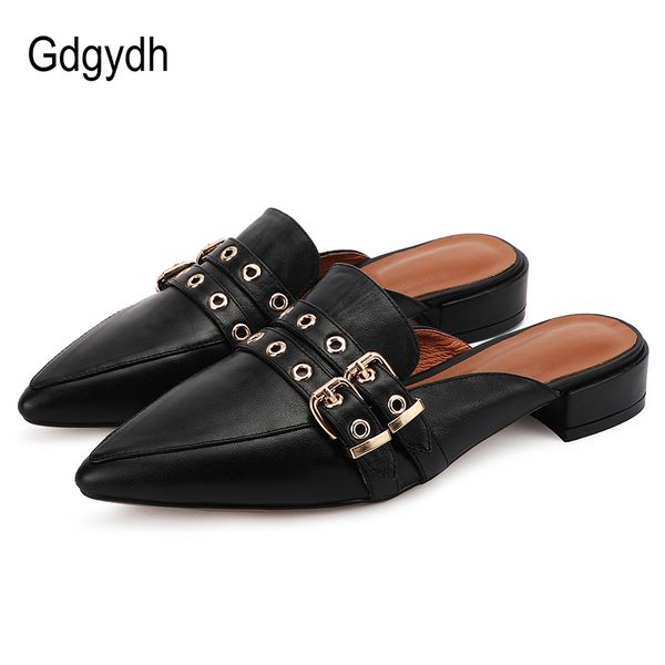 

gdgydh genuine leather ladies mules square heels shoes for women pointed toe fashion rivets slip on black low heel comfortable
