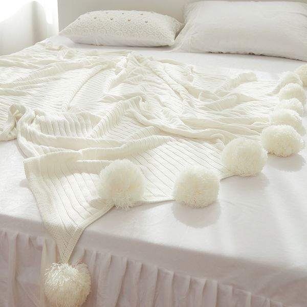 

lovinsunshine air conditioning solid color blanket with ball for bed sofa cotton white warm nap bedspread washable ab#205