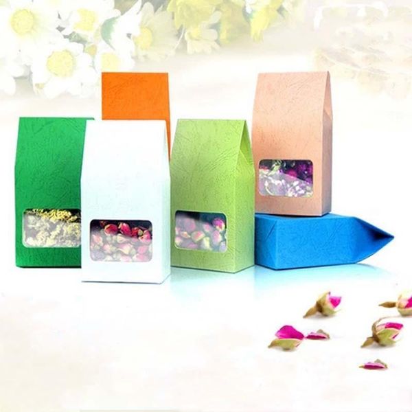 

8x15.5x5cm 50pcs reclose stand colorful kraft bags with clear window color kraft paper packaging tea gifts candy wedding box