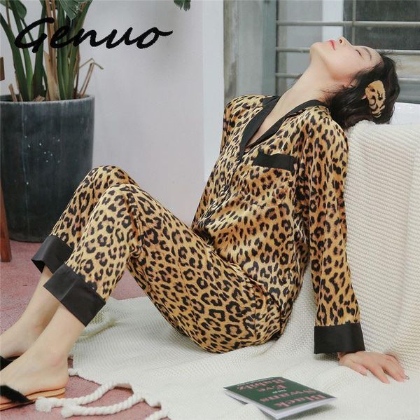 

genuo women pajamas leopard pyjamas women 2019 spring satin pijamas casual elegant pyjama femme silk pijama mujer homewear, Black;red