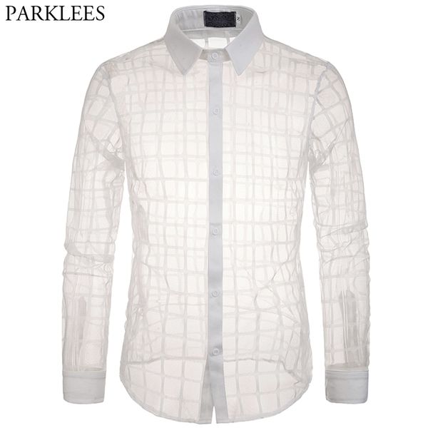 

lace see through shirt men new transparent white plaid dress shirts mens slim fit long sleeve stage party night club camisa, White;black