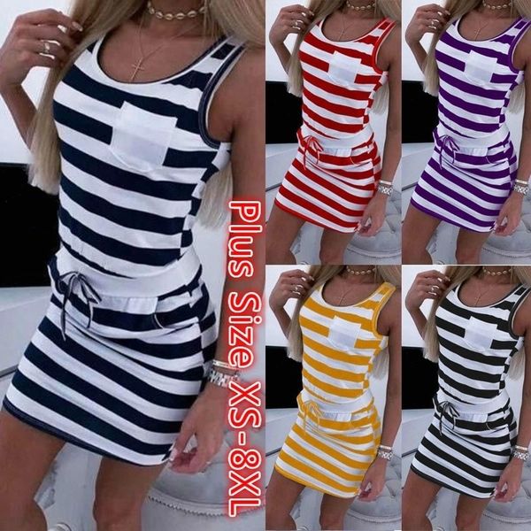 

plus size striped solid color womens summer bodycon dresses belt sleeveless round neck dresses pocket slim skinny styles womens clothing, Black;gray
