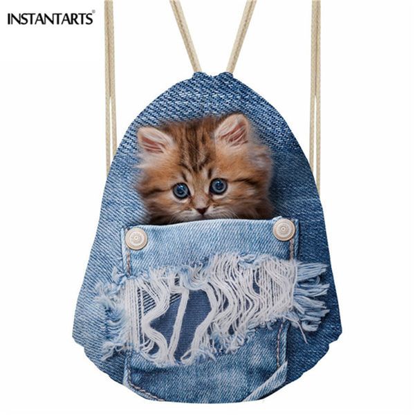 

instantarts gym sack bag blue denim animal cat dog print fitness drawstring backpack men boy girl string school bag cinch sack