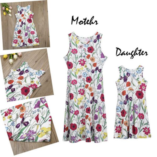 

семья соответствующие мать дочь наряды женщины девушки цветочные платья без рукавов, Blue