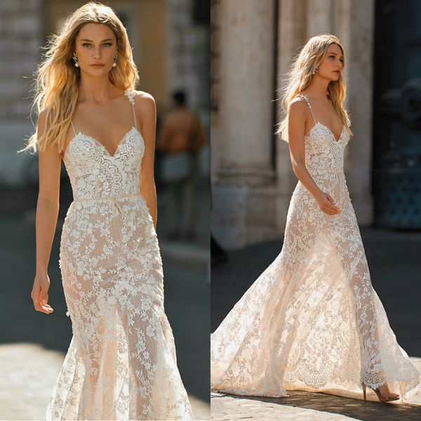 Berta Privée No. 2 Vestidos De Noiva 2020 Spaghetti Lace Lantejoulas Boho Vestidos De Noiva Até O Chão Vestido De Noiva Da Praia