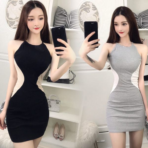 

2020 summer korean fashion new lady temperament color matching waist slim sleeveless hip dress female, White;black