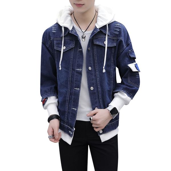 

ripped destroyed fake two pieces men hooded demin jacket patchwork jean coat hip hop streetwear, Black;brown