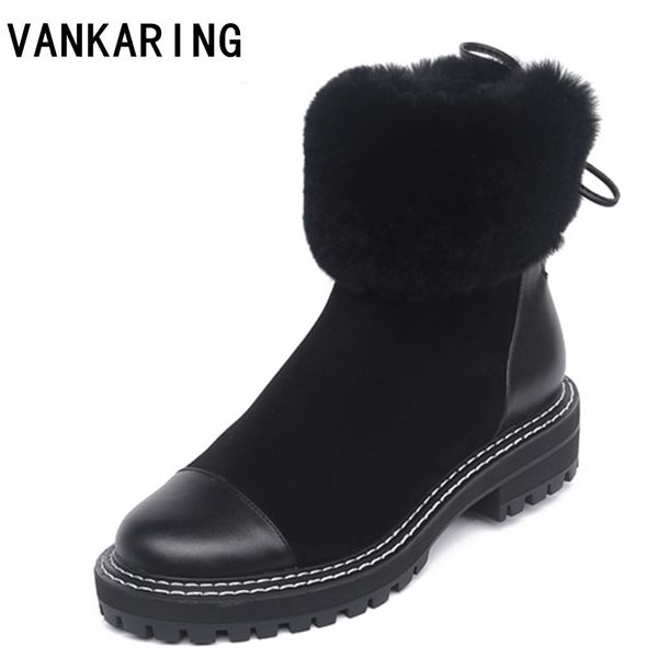 

genuine leather boots women winter warm fur sneakers platform snow boots women 2020 new zipper ankle female causal shoes, Black