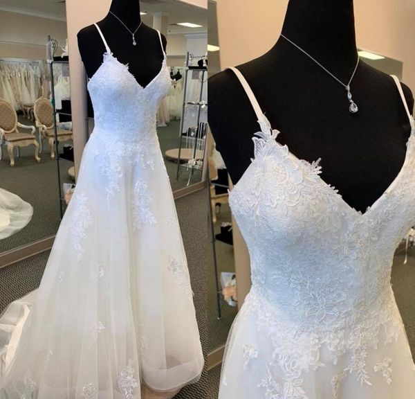 

bohemian white a line luxury wedding dresses tulle lace applique formal dress spaghetti sleeveless sweep train bridal gowns