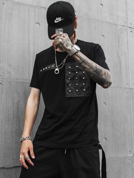 

men rivets short sleeve t-shirt male streetwear fashion casual punk rock slim fit tshirt stage show tee shirts, White;black