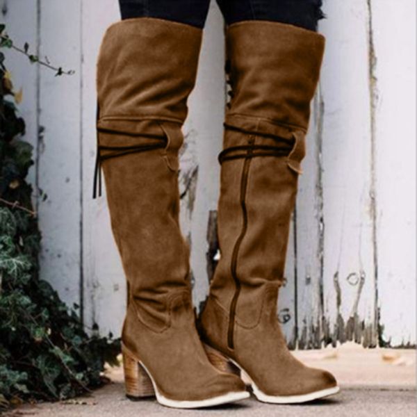 

retro women's over the knee boots suede fashion cross-tied square heel boots women winter 2019 riding thigh high schoenen, Black