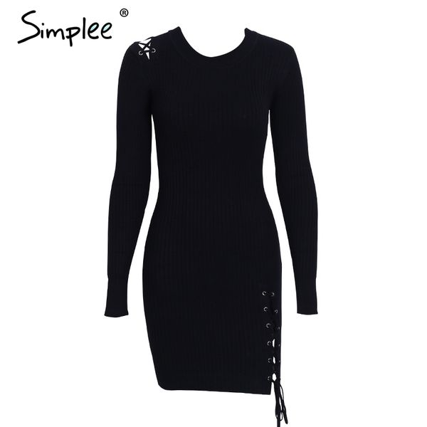 

Simplee Lace Up Skinny Knitted Sweater Dress Women Elegant Split Pull Knit Winter Dress 2018 Autumn Jumper Vintage Pullover