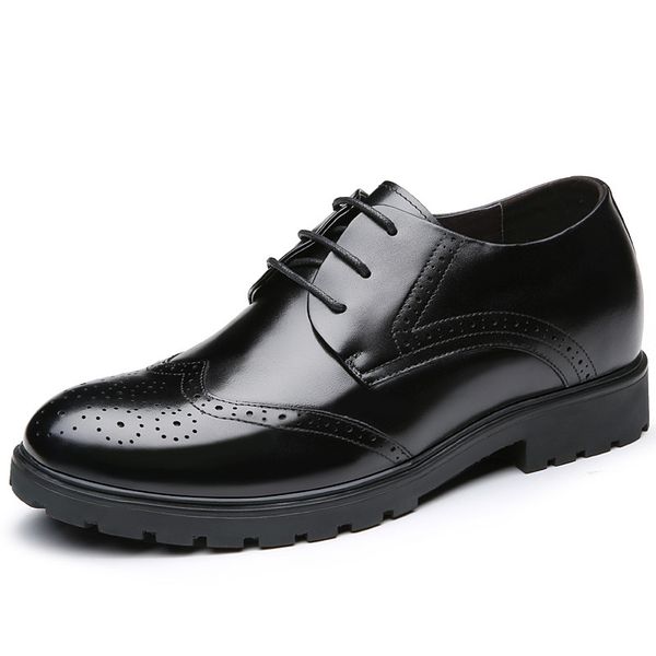 

new brogues styles get taller 6 cm cow leather invisible height increasing elevator men's formal dress shoes for wedding party, Black