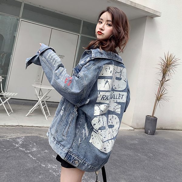 

реальный выстрел весна и осень мода дикий свободные случайные отверстие письмо джинсовая куртка 2019 новый большой размер джинсовая куртка, Black;brown