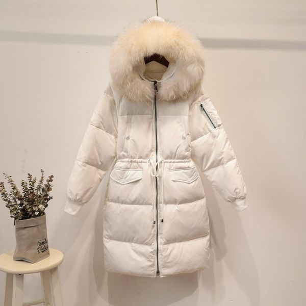 

fashion loose fit thickening warm winter down coat outerwear women real raccoon fur collar hooded adjustable waist down jacket, Black