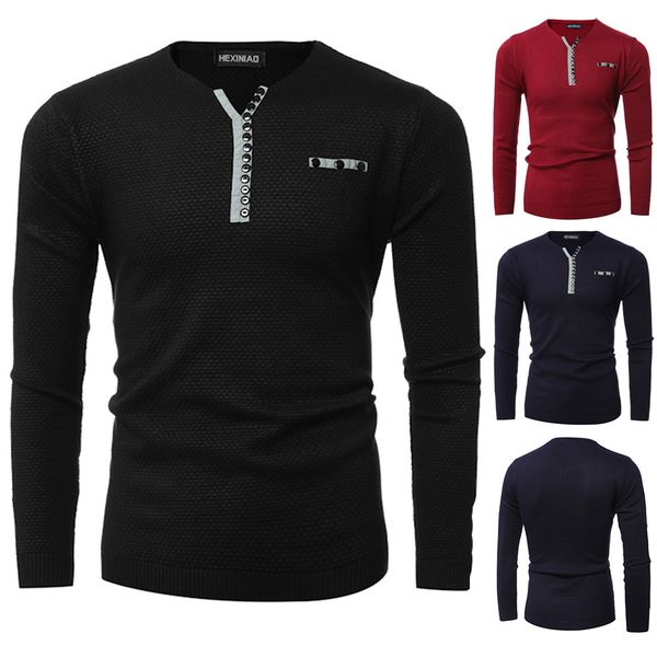 

2019 autumn & winter new arrival button collar sleeve sweater pullover casual slim solid color sweater ing, White;black