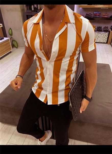 

shirts summer short sleeve lapel neck panelled color mens striped print slim designer mens casual, White;black