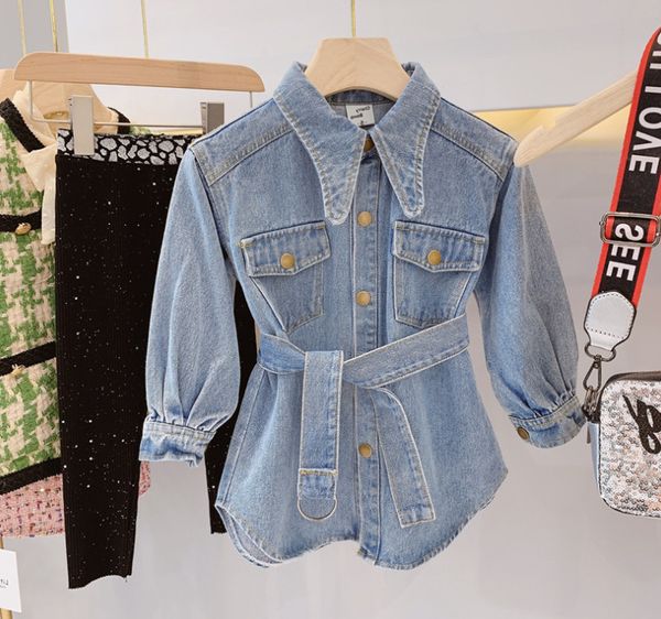 

girls jean dresses kids lapel long sleeve casual denim dress children single breasted belt cowboy dress fashion fall girl clothes f10291, Red;yellow