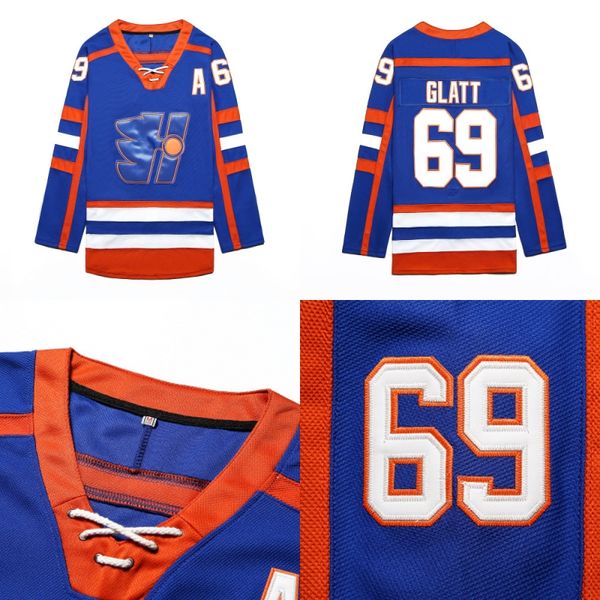 69 Doug The Thug Glatt Jersey Blau Glatt Halifax Highlanders Goon Movie Jersey Herren genähte Sticklogos