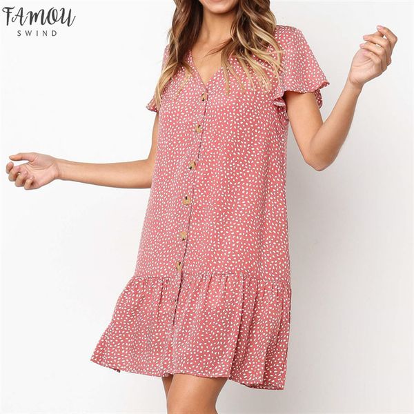 

ruffled hem v neck button casual loose dress women summer short sleeve chiffon printed dress beach style mini short dress, Black;gray
