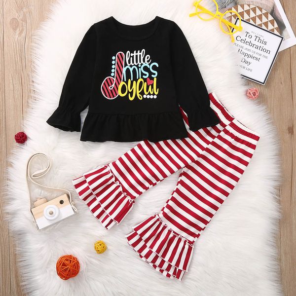

2020 fashion baby girls clothes toddler kids baby girls letter ruffle t shirt striped pants kids outfits set ropa nina, White