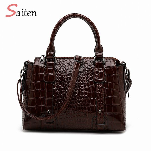 

europe and america luxury handbag designer high capacity women brand handle bag female crocodile patent leather shoulder bag