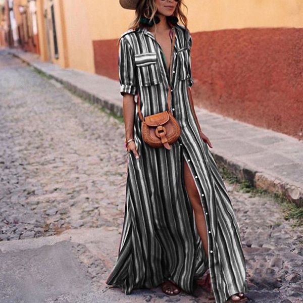 

womens boho beach summer holiday maxi dress elegant ladies holiday party colours rainbow striped sundress streetwear plus size, Black;gray