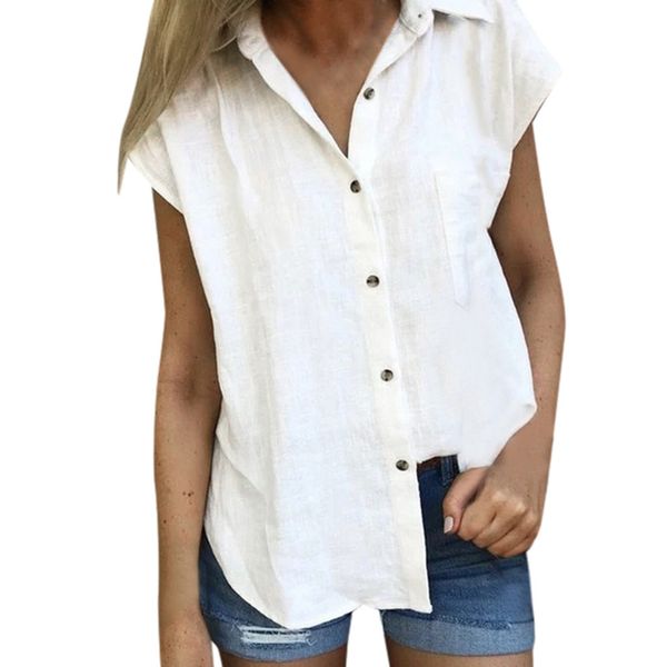 

sagace 2019 women's blouse fashion casual solid short sleeve button cotton blouses o neck ladies blouses cotton linen shirt, White