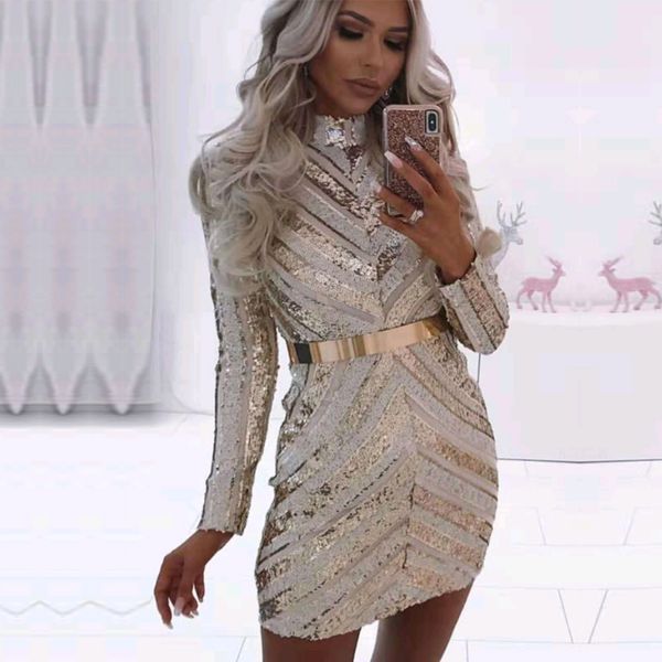 

2019 new fashion celebrity party bodycon dress women long sleeve o-neck sequined nightclub mini dress women vestidos, Black;gray