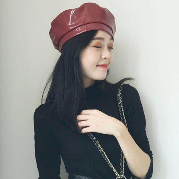 

women girls retro modern beret cap glitter mirror artificial leather street style minimalist stretchy hipster painter beanie hat, Blue;gray