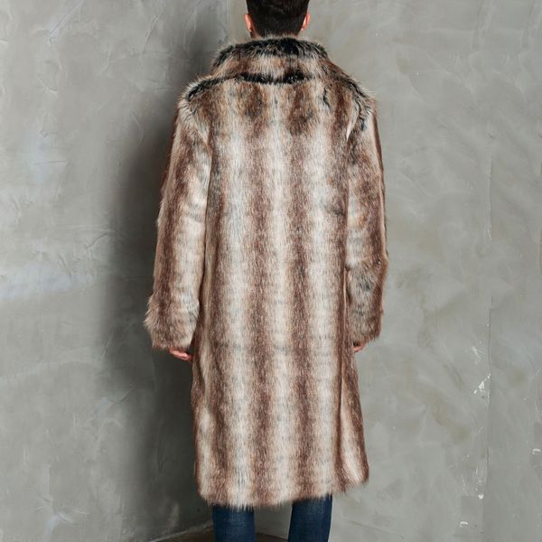 

men gradient striped warm faux fur coat lapel long sleeve parkas overcoat jacket, Black