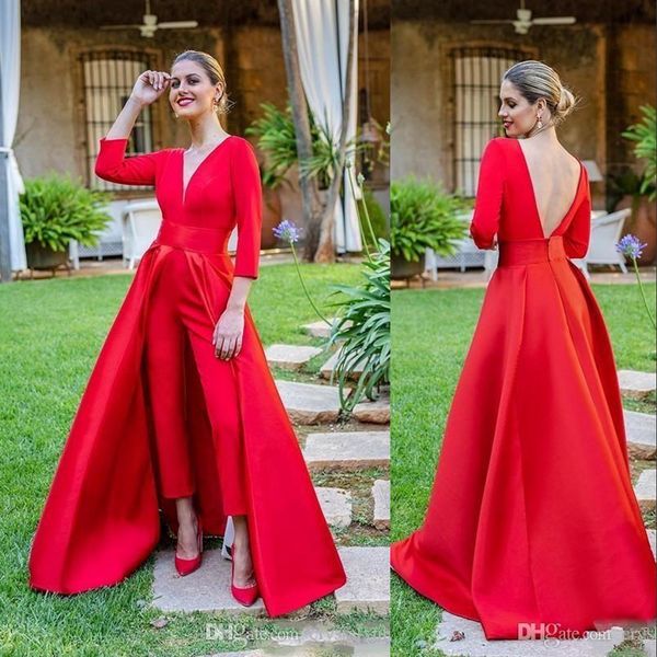Sexy rote billige Abschlussballkleider Anzüge gegen Nacken 3/4 Langarm Satin Open Rücken Arabisch mit Überträgen Partykleid formelle Abendkleider